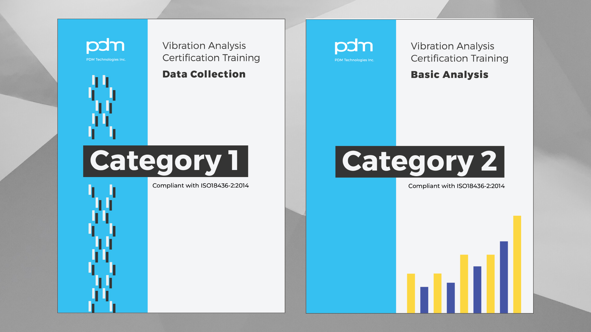A composite image of PDM Technology Inc.'s training manuals, Category 1 Data Collection and Category 2 Basic Analysis